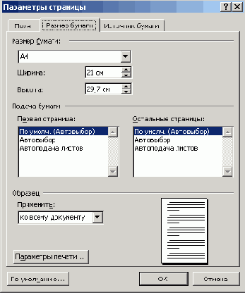 Диалоговое окно Параметры страницы с вкладкой Размер бумаги