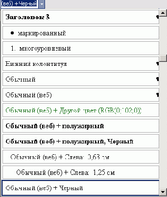 Раскрывающийся список Стиль на панели инструментов форматирования