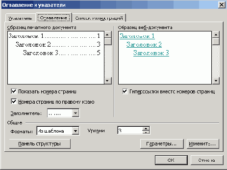 Диалоговое окно Оглавление и указатели, открытое на вкладке Оглавление