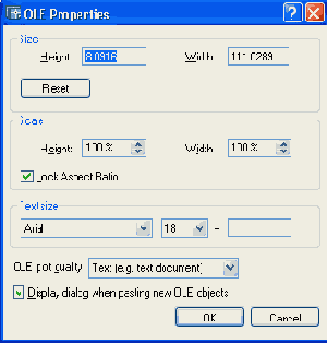 Диалоговое окно OLE Properties