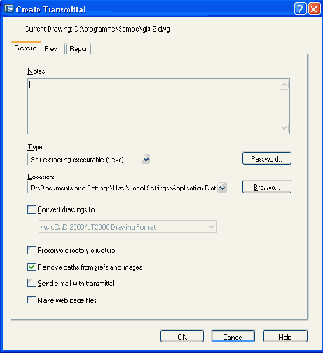 Диалоговое окно Create Transmittal вкладка General