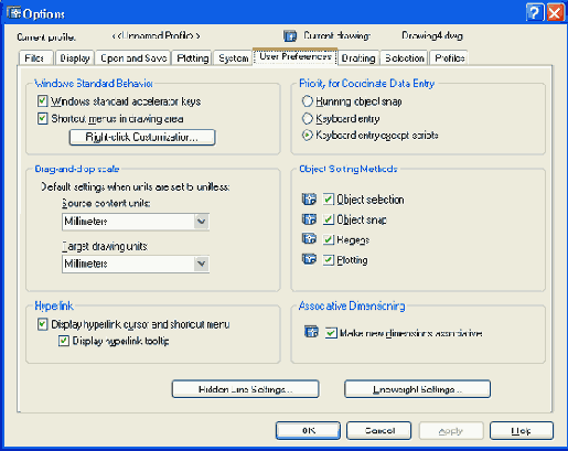 Диалоговое окно Options вкладка User Preferences