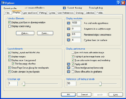 ���������� ���� Options ������� Display