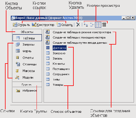 Элементы окна Борей: база данных