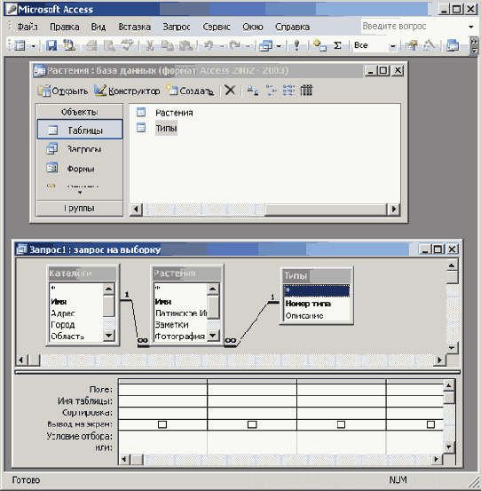 Несколько таблиц в окне создания запроса