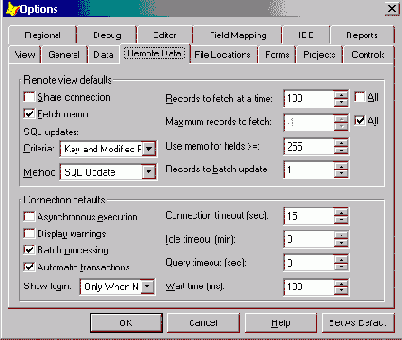 Настройка параметров удаленных представлений и соединений в диалоговом окне Options