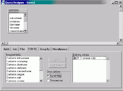 Вкладка Order By конструктора запросов
