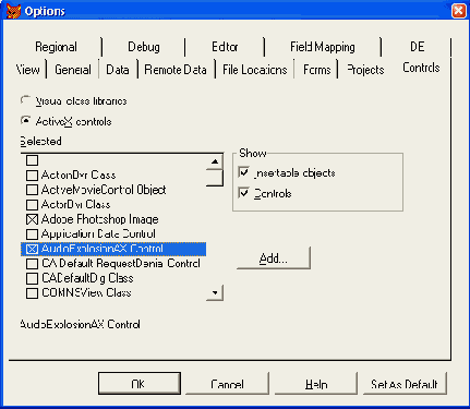 ������� Controls ����������� ���� Options